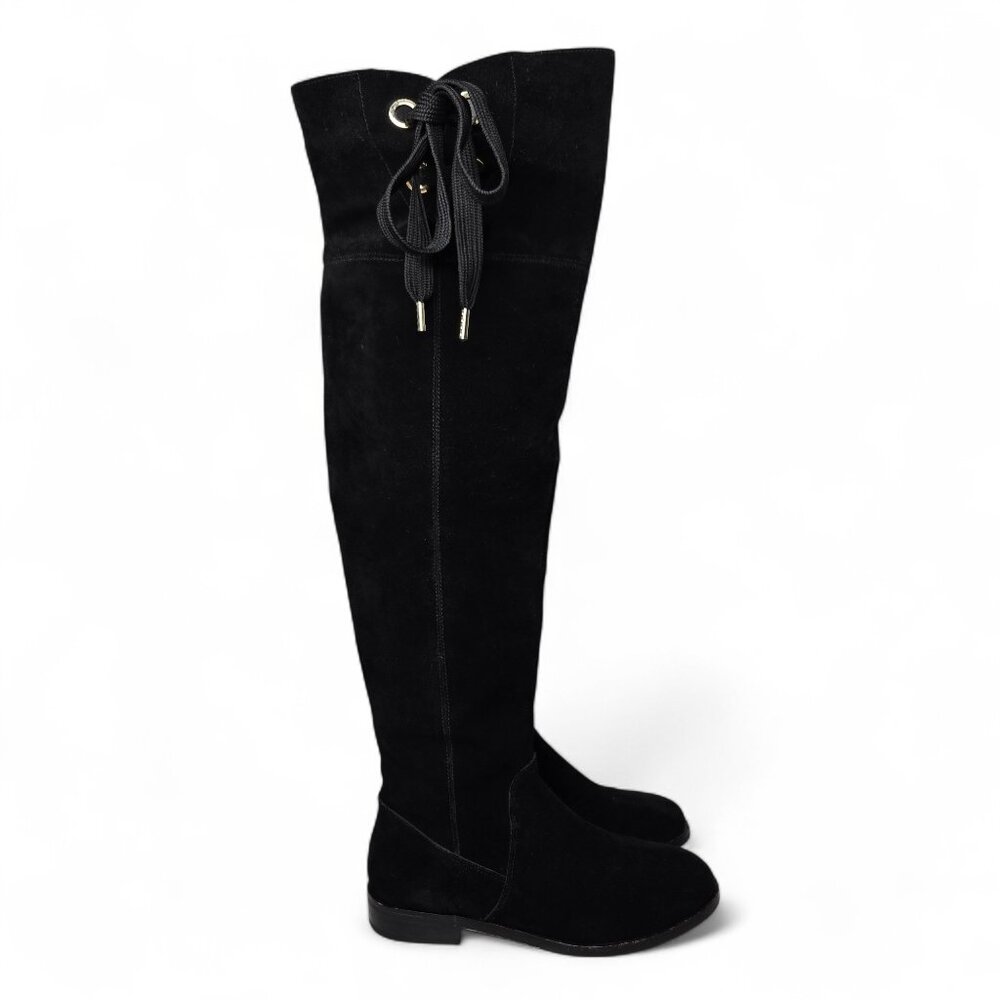 Kate Spade New York Over The Knee Boots Women's Black‎ Suede Gold Trim Tall 5M